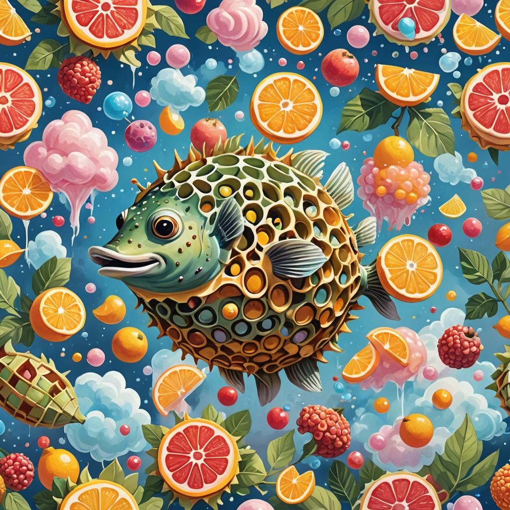 Waffle Pufferfish in a Gouache Fruit Kingdom