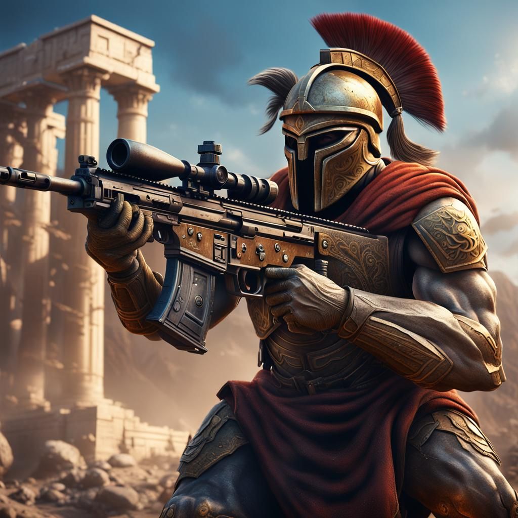 Spartan Warrior with Modern Rifle: Detailed Matte Painting