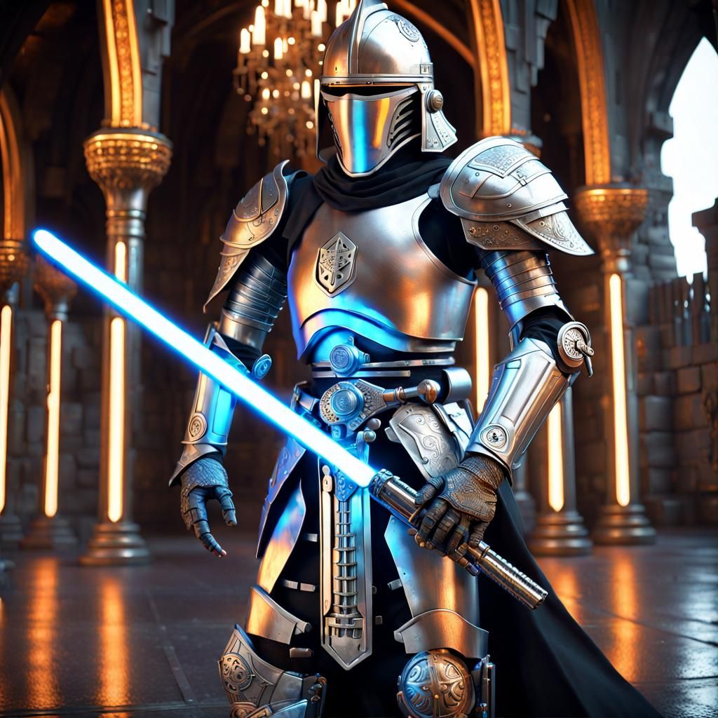 Medieval Cyborg Knight with Lightsaber in Cyberpunk Style
