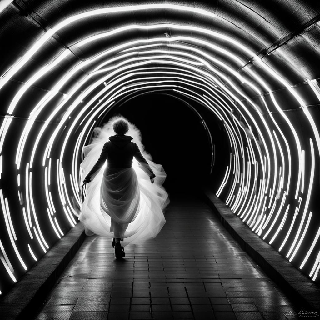 Luminous Smoke Woman in Tunnel, Surreal Sci-Fi