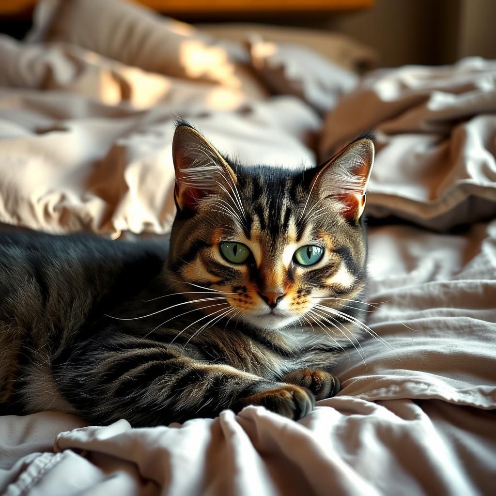 Photorealistic Tabby Cat Lounging on a Bed