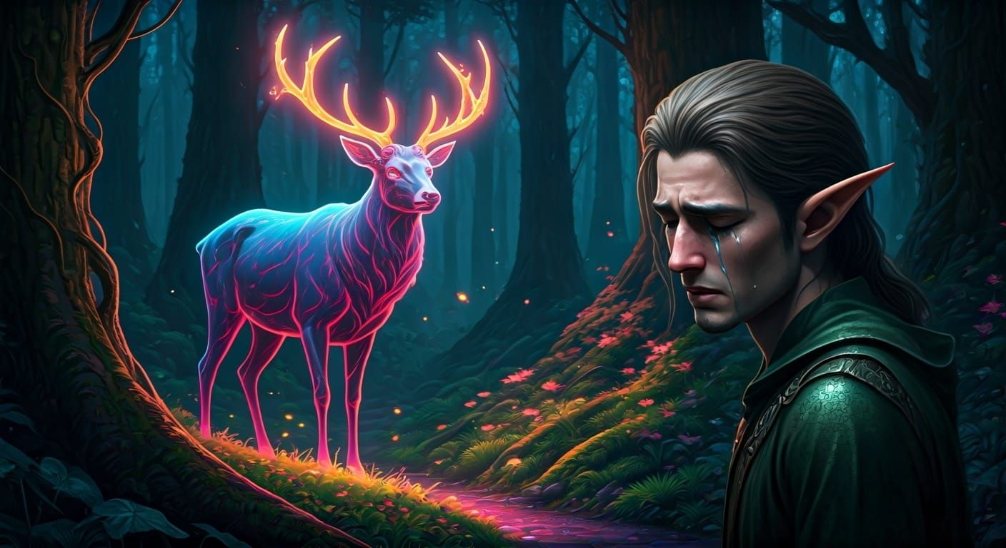 Glowing Neon Deer in Fantasy Forest
