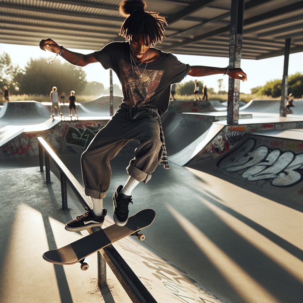 Teen Skateboarder Grinding Rail at Skate Park