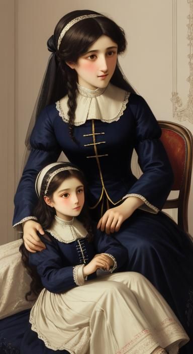 Sisters Embroidering, Toulmouche Style
