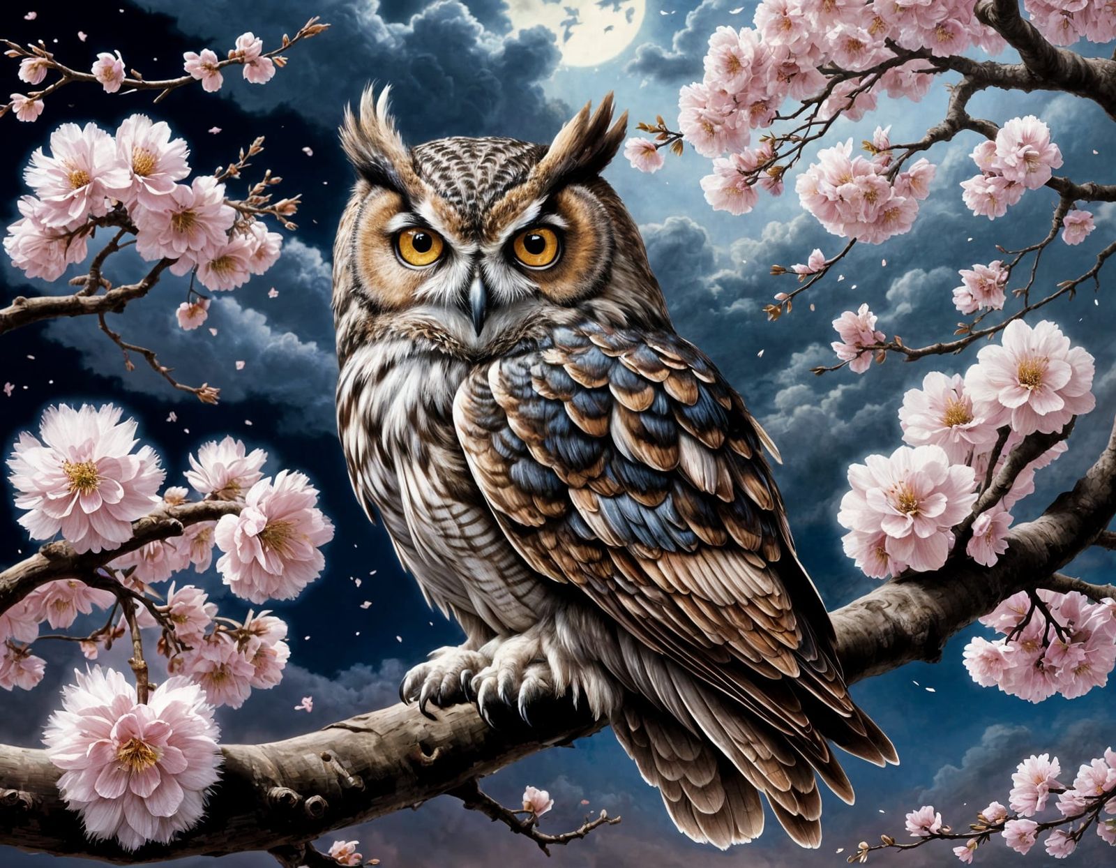 Majestic Owl on Cherry Branch, Detailed Matte Painting