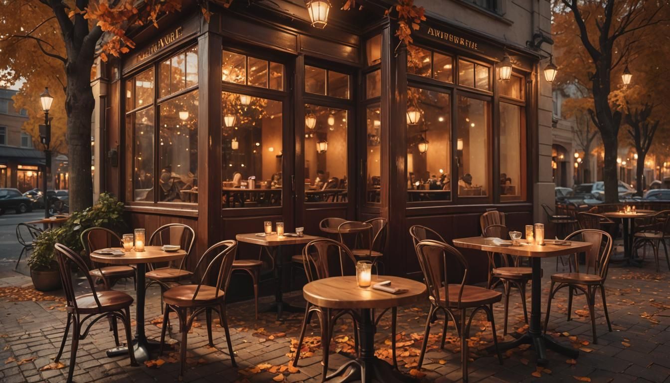 cozy autumn cafe in the night, with warm lights, no people, ...