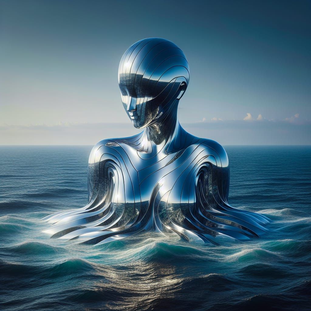 Majestic Futuristic Goddess Rises from Ocean Depths, Crafted...