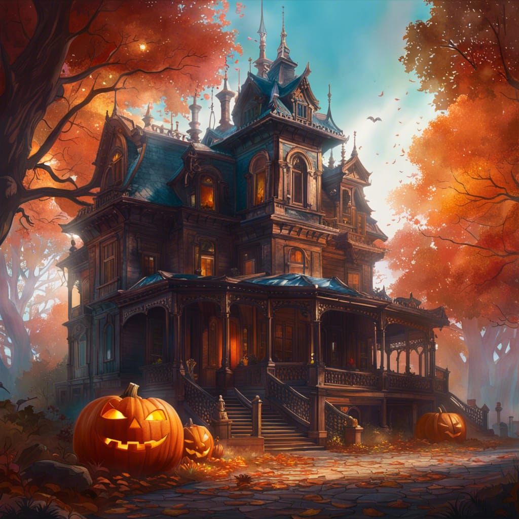 Watercolor Halloween Haunted House with Dynamic Lighting