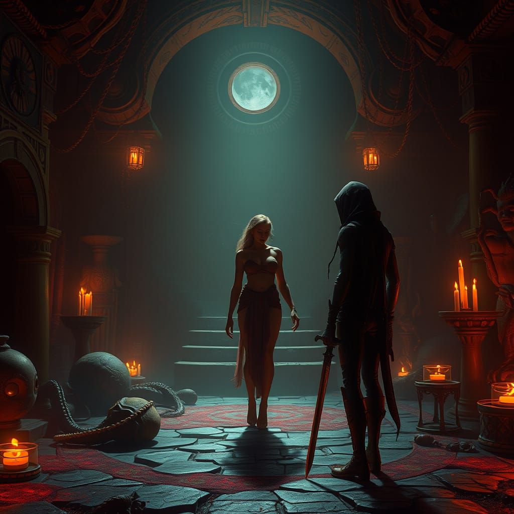 Mystical Chamber: Bare-Chested Woman in Dark Fantasy Style