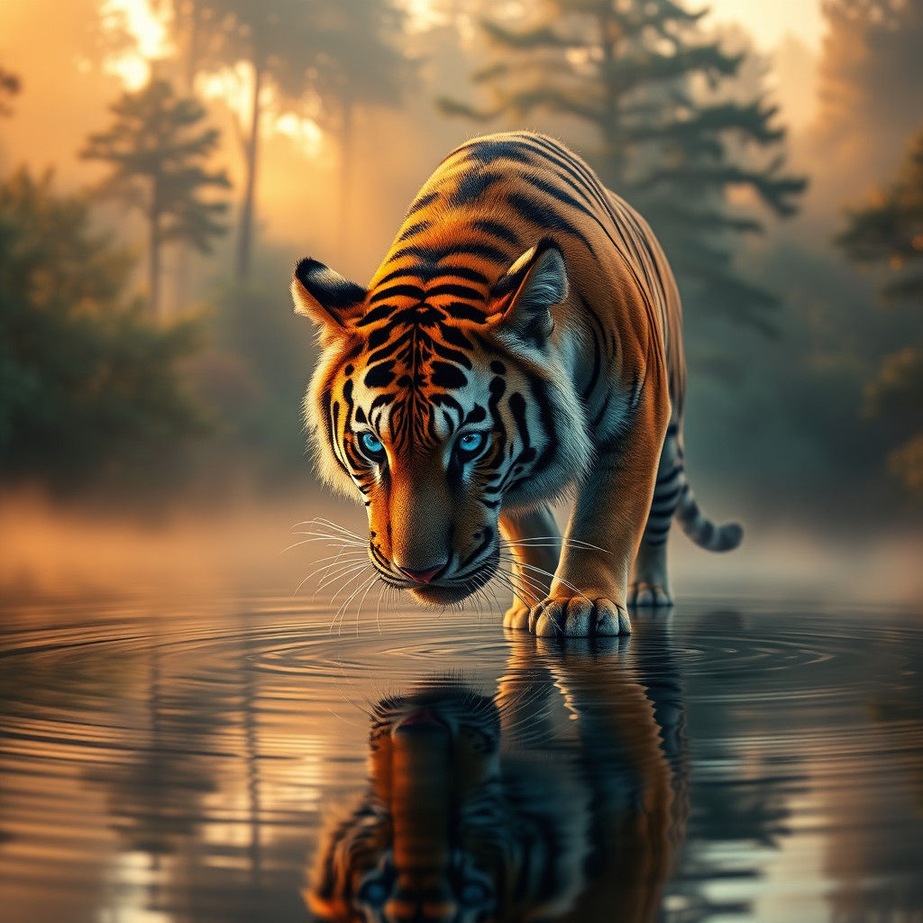 Majestic Blue-Eyed Tiger at Misty Lake
