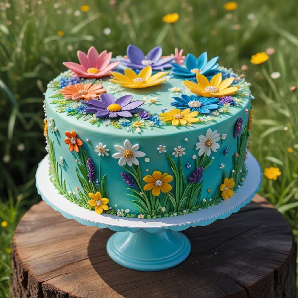 Surreal Cake in a Vibrant Meadow