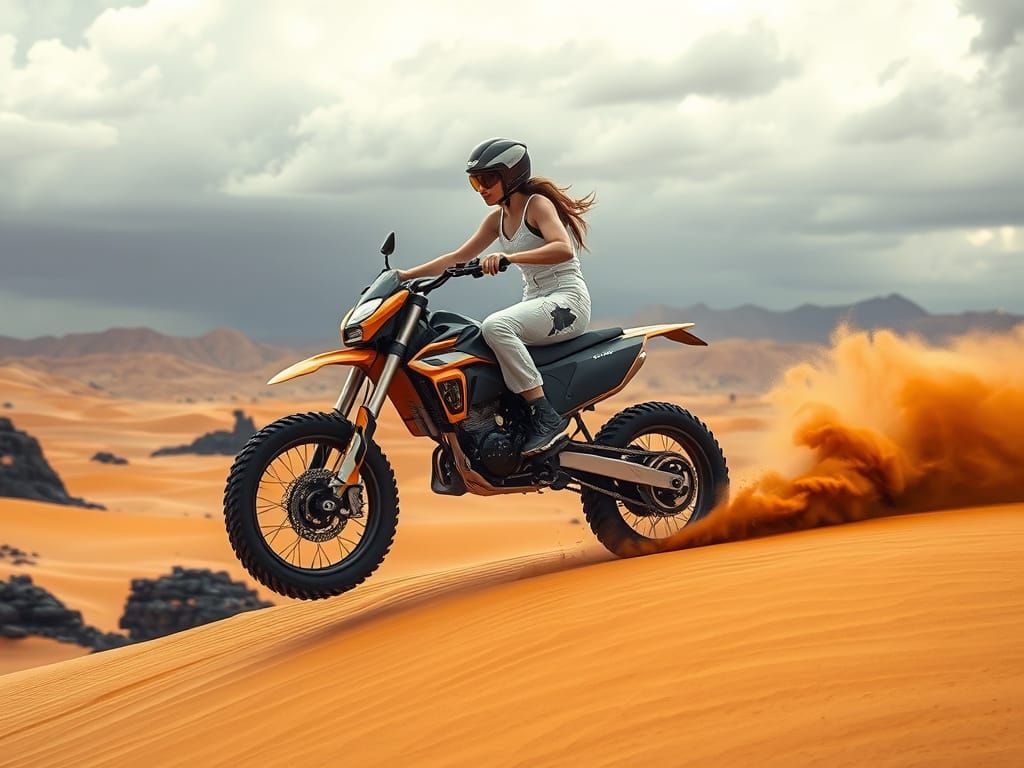 Futuristic Sand Bike Launching into Alien Landscape