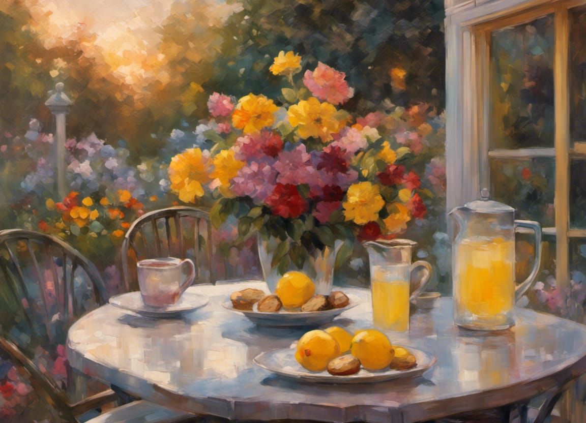 Golden Hour Patio Scene with Lemonade, as Painting