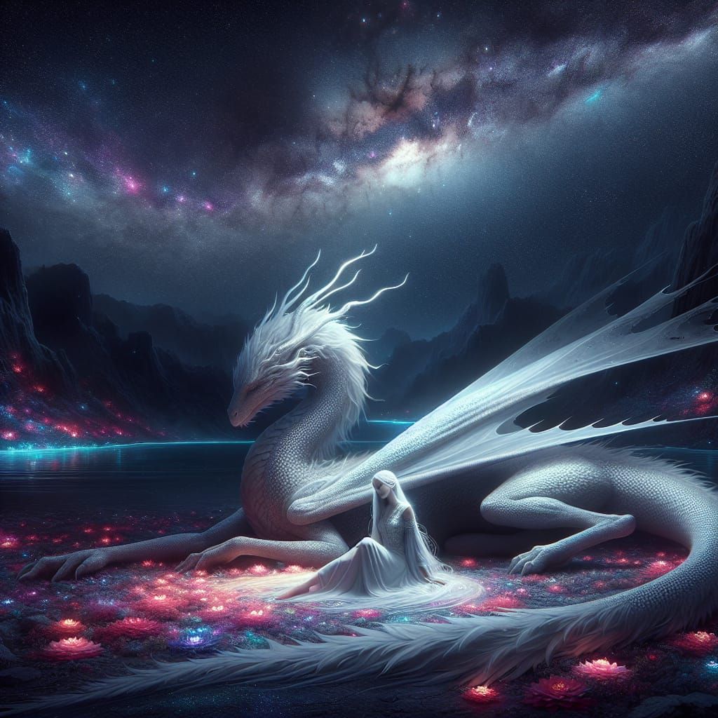 Mystical Dragon and Girl in Galaxy Setting