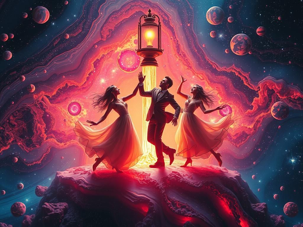 Exploding Figures Dancing with Galaxy Lamp