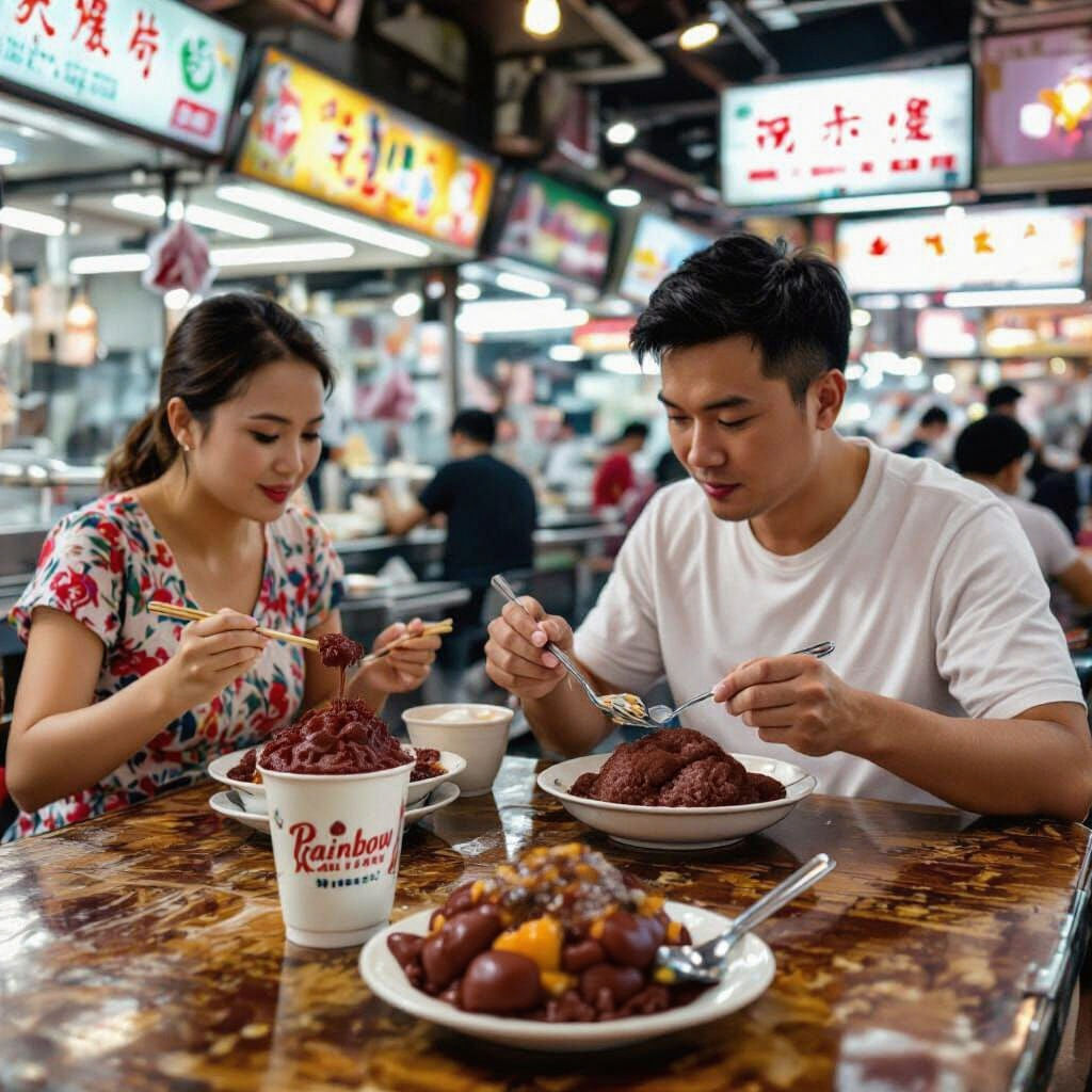 Busy Hawker Centre Scene with Hainanese Chicken Rice