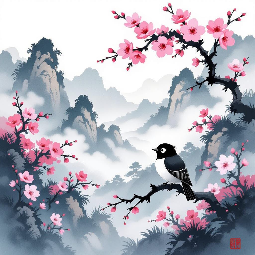 Cartoon Sumi-e Landscape with Grandala Bird