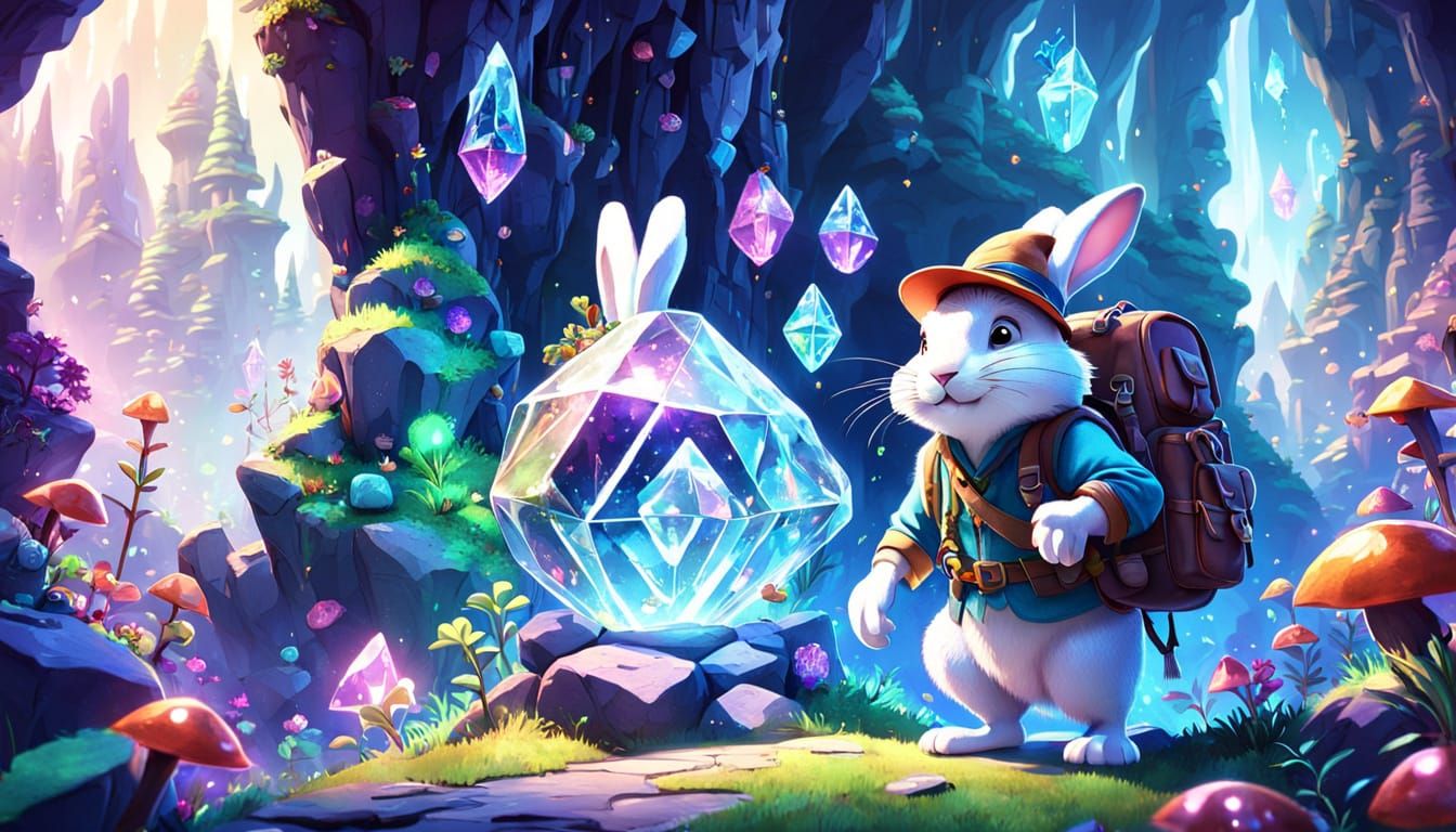 Pixar Style Rabbit Adventurer Explores Crystal Caves