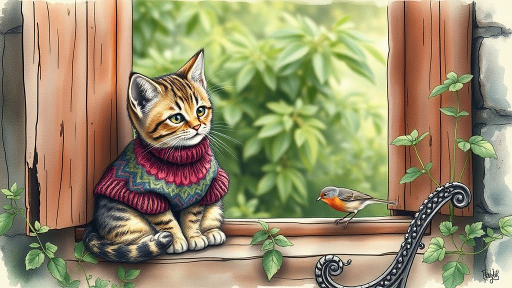Whimsical Kittens and Robin, Fantasy Watercolor Art