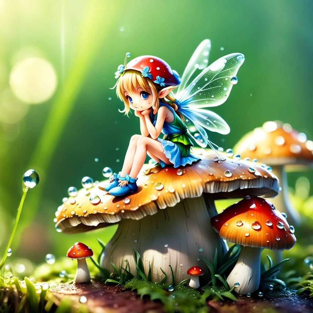 Anime Fairy on Mushroom Macro Photograph