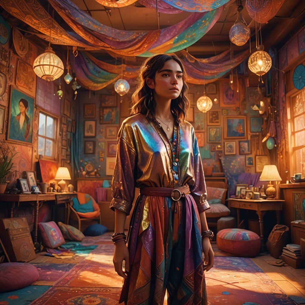 Bohemian Woman in Eclectic Room: 3D Digital Art
