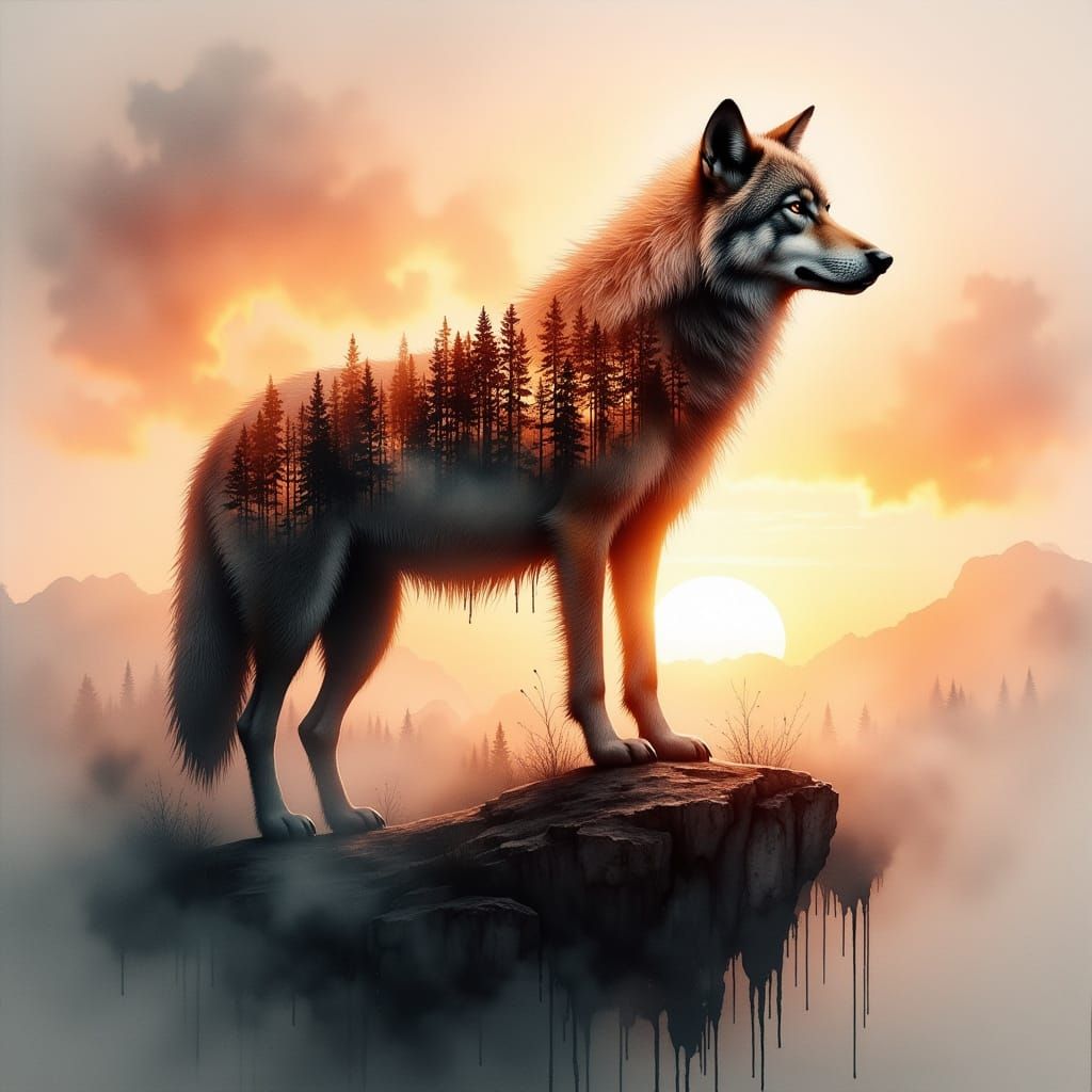 Surreal Wolf Silhouette in Sunset Cliff Scene