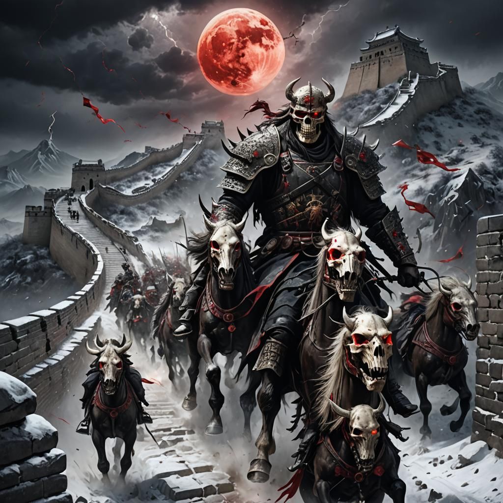 Skull Warriors at Great Wall: Dark Fantasy Art