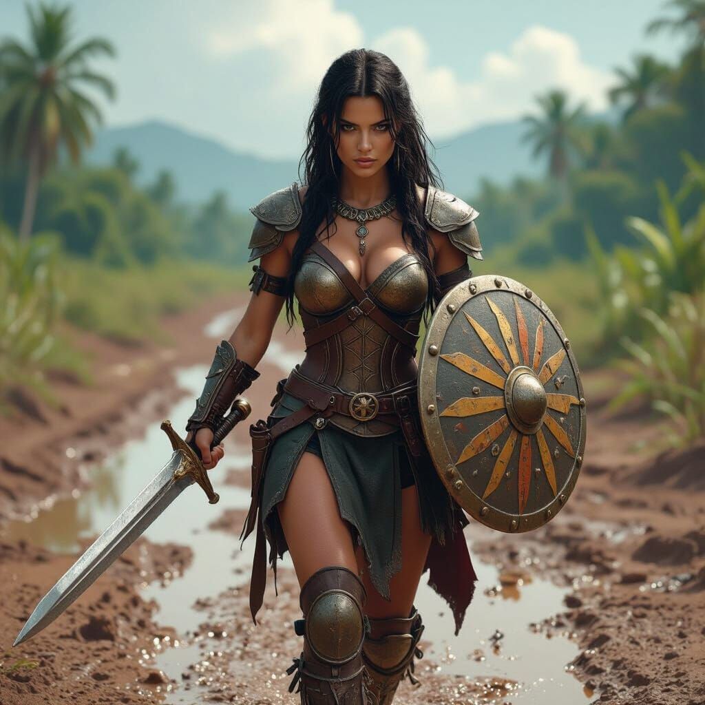 Warrior Woman Advances Across Muddy Field