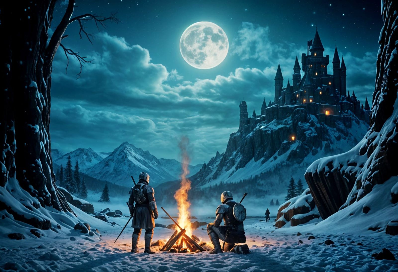 Two Knights by Campfire in Cinematic Winter Scene