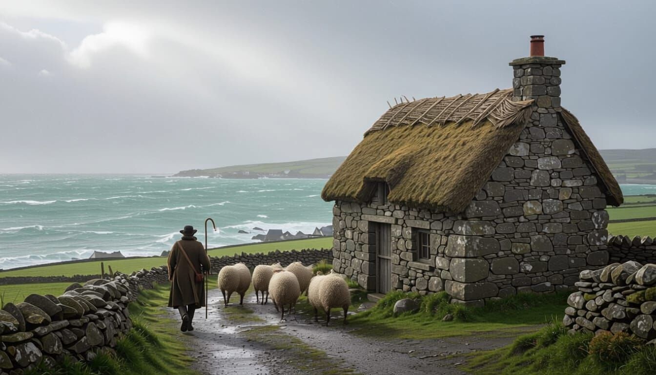 Walking the flock to pasture on a bleak morning