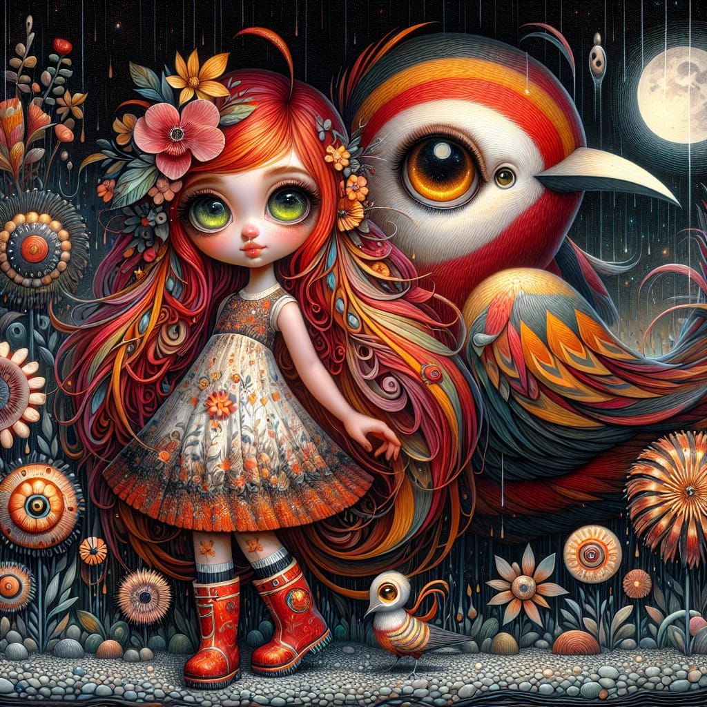 Whimsical Girl and Moonlit Bird in a Dreamlike Landscape