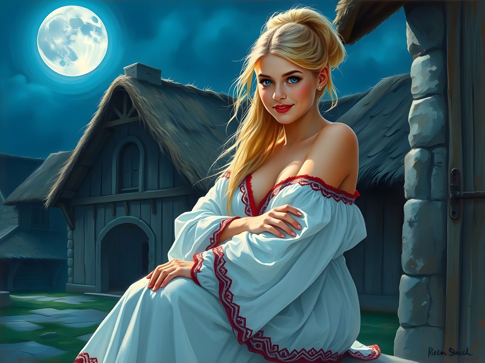 Norse Goddess Nightscape in Impressionist Style