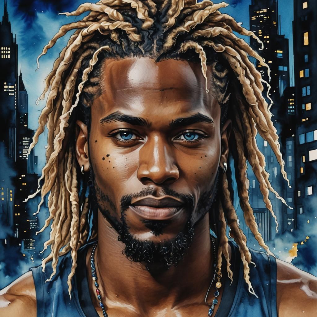 Intense Ink Portrait of Smiling Man with Dreadlocks