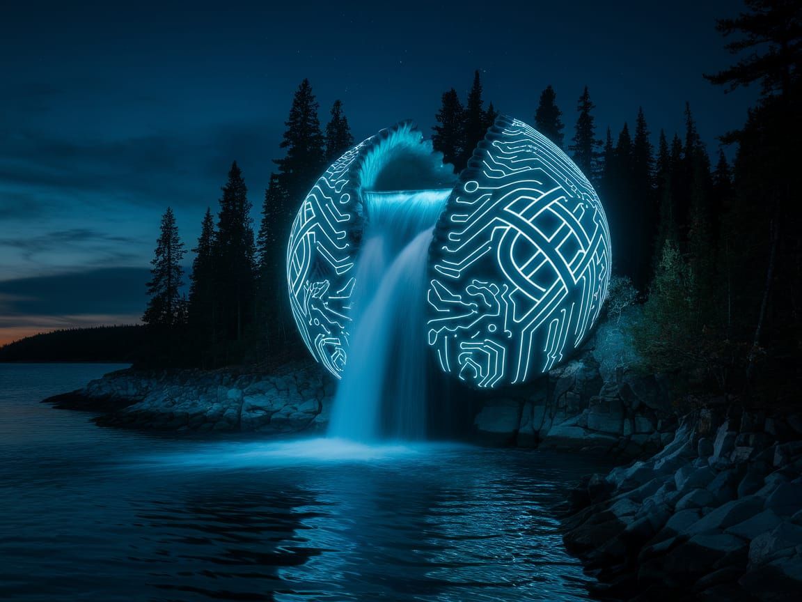 Bioluminescent Seashell Waterfall on Nordic Island