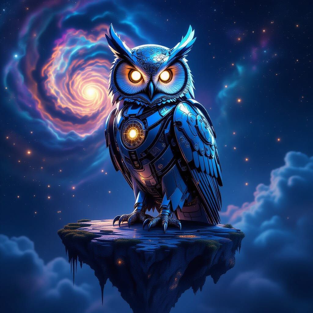 Mechanical Owl in Cosmic Nebula, Retro-Futuristic Style