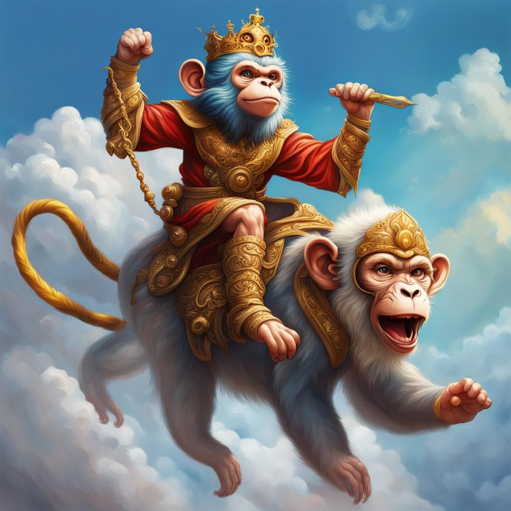 Monkey Prince Rides Nimbus Cloud in Hyperrealistic Art