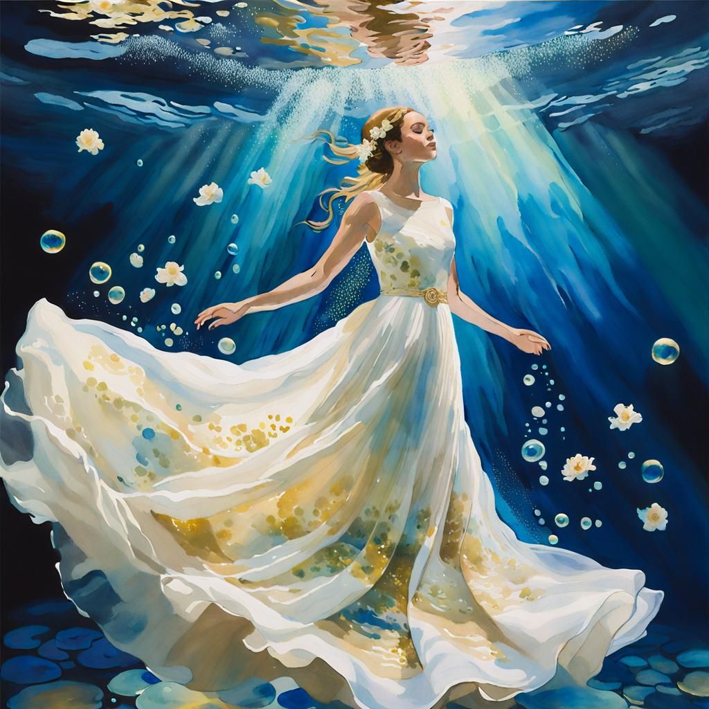 Underwater Bride in Flowing Dress: Monet-Style Watercolor