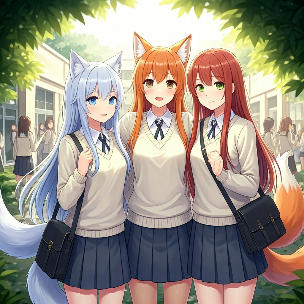Anime Fox Girl and Friends Ready for School