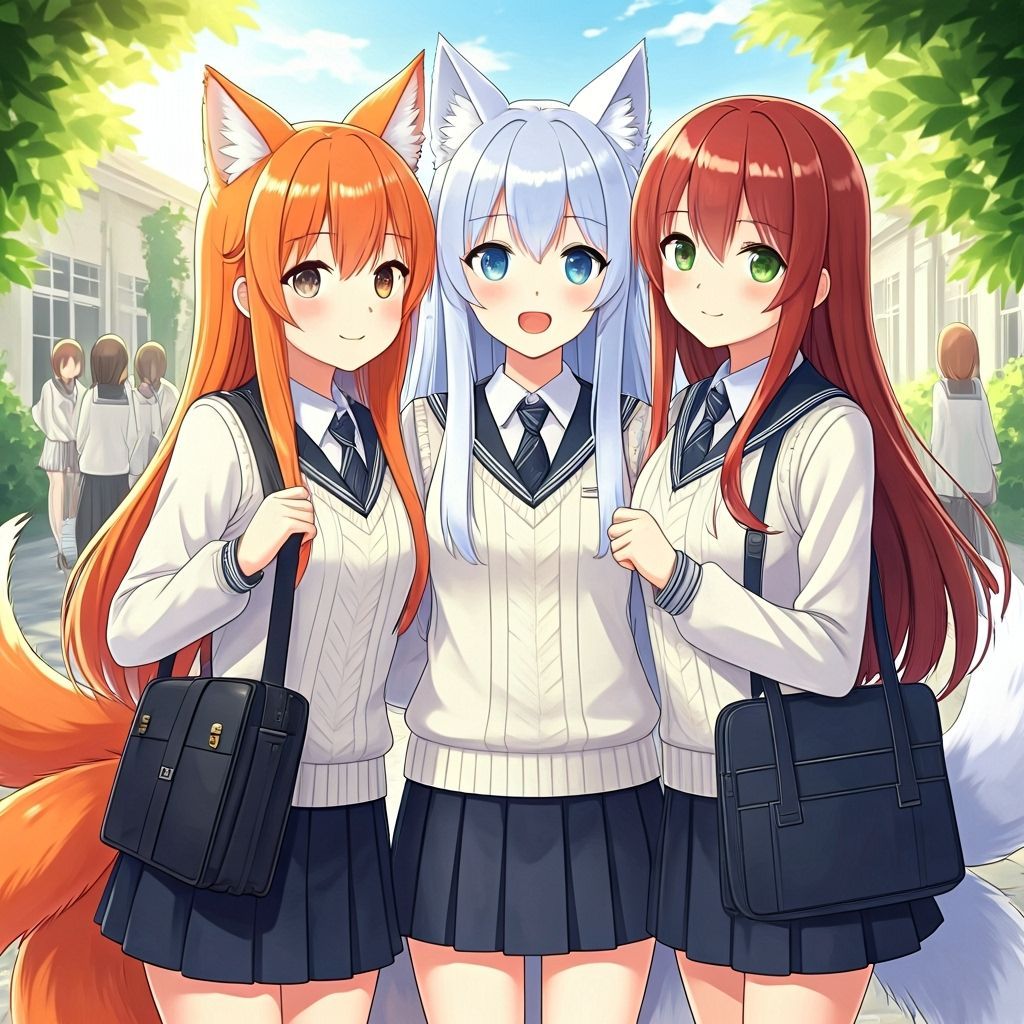 Anime Fox Girl and Friends at School