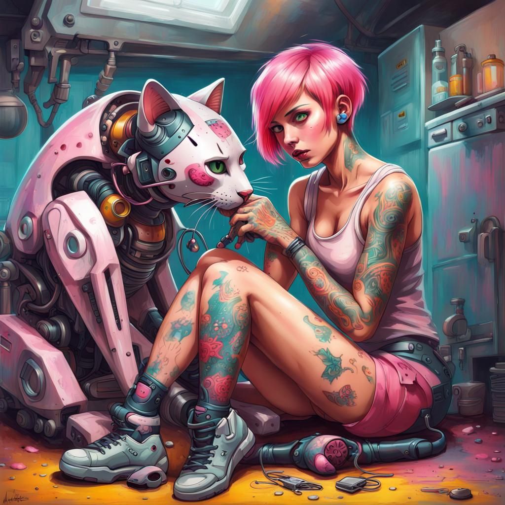 Android Girl Petting Robo-Cat: Graffiti Street Art