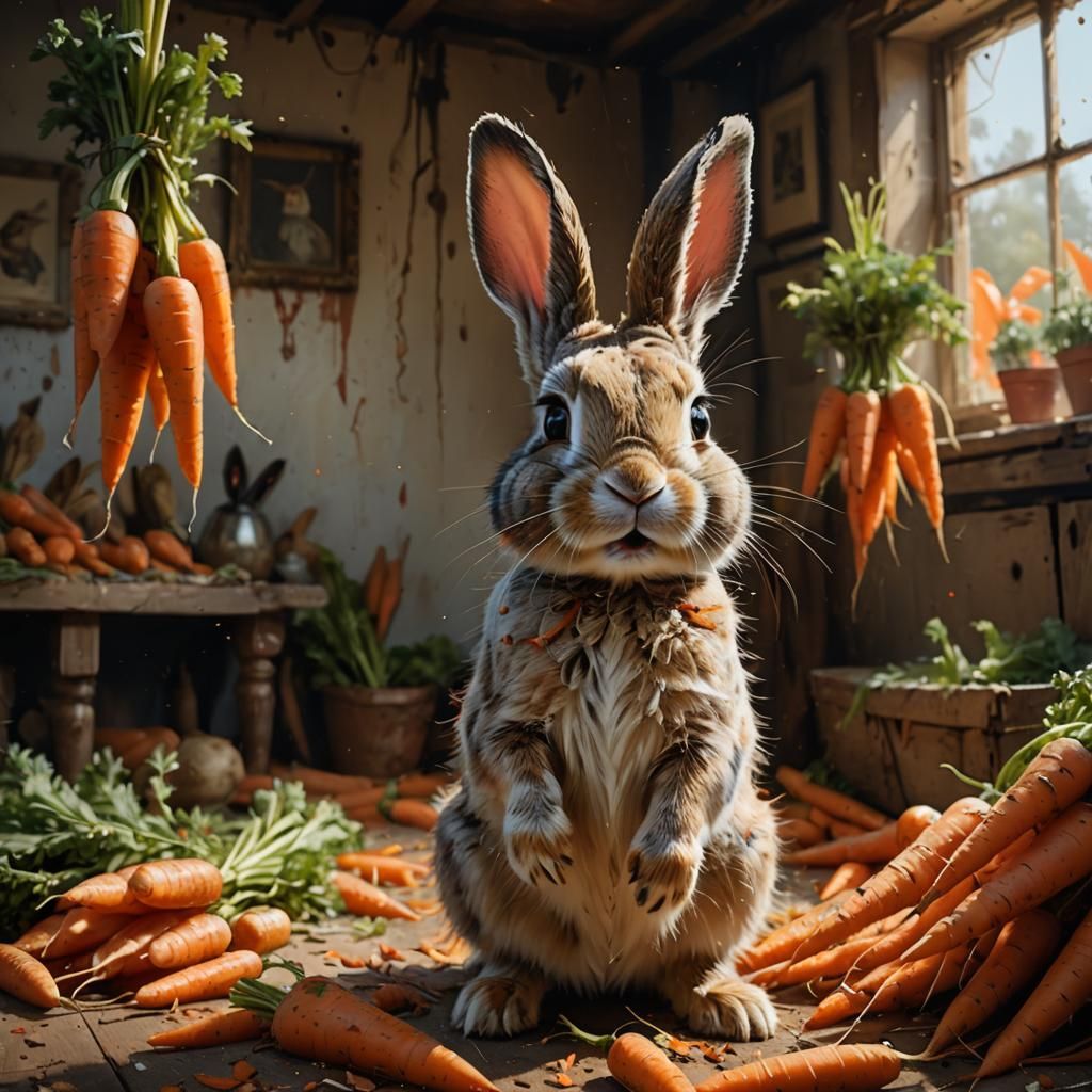 Joyful Bunny Portrait with Carrots in Rustic Style