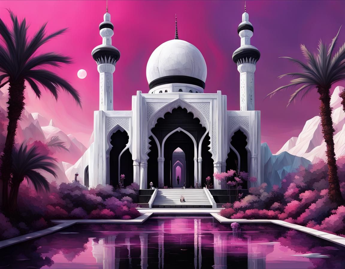 Futuristic Turkish Mosque in Cyberpunk Garden Oasis