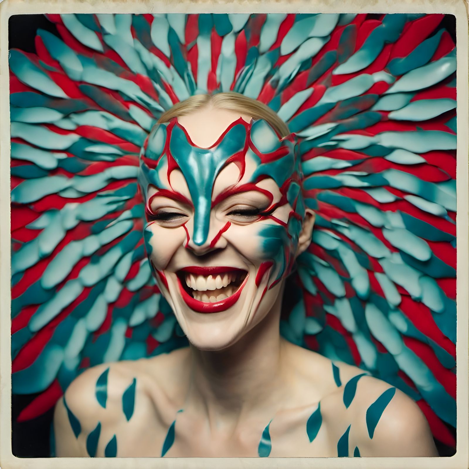 Woman with Theatrical Mask and Geometric Patterns