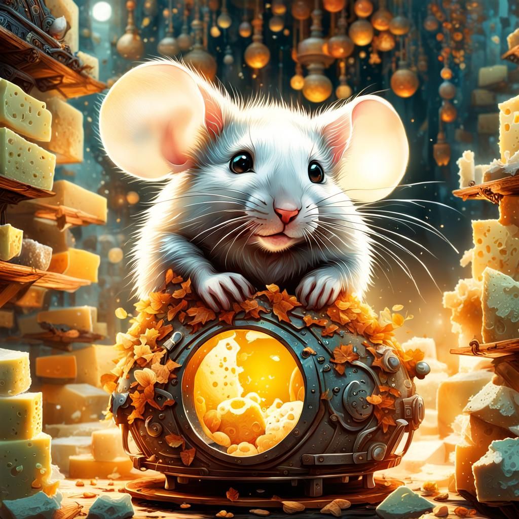 Adorable Mouse Living in Cheese House, Detailed Digital Art