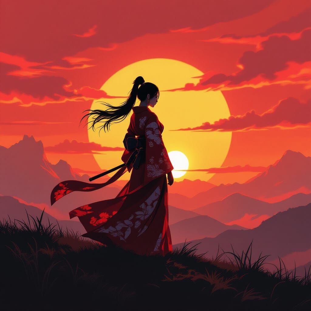 Asian Warrior Woman in Blazing Sunset Sky