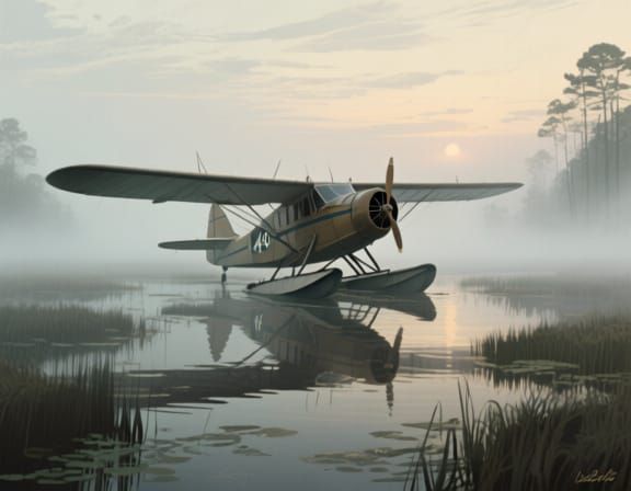 1940s Seaplane in Misty Swamp at Dawn
