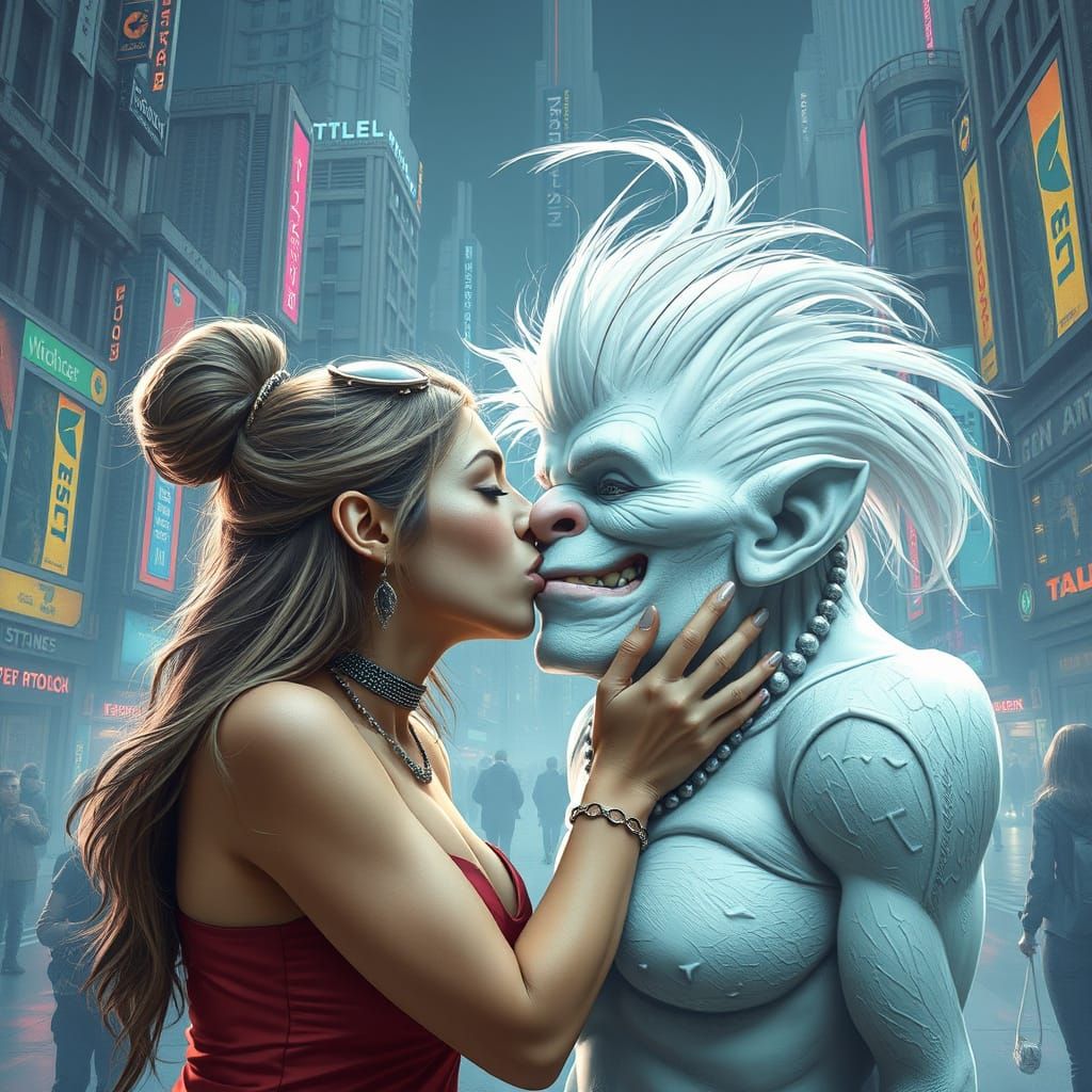 Woman Kisses Troll in Futuristic Cityscape