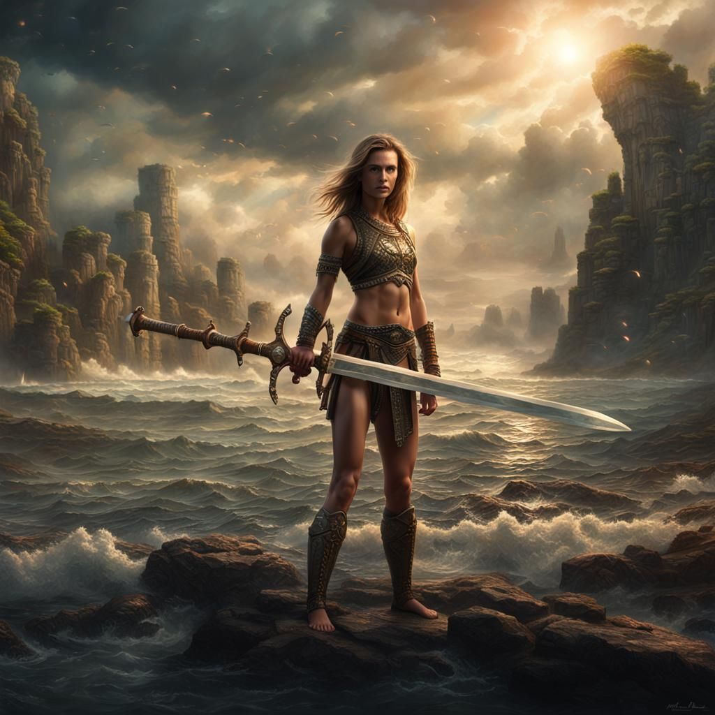 Bikini Girl with Sword: Photorealistic Cinematic Art