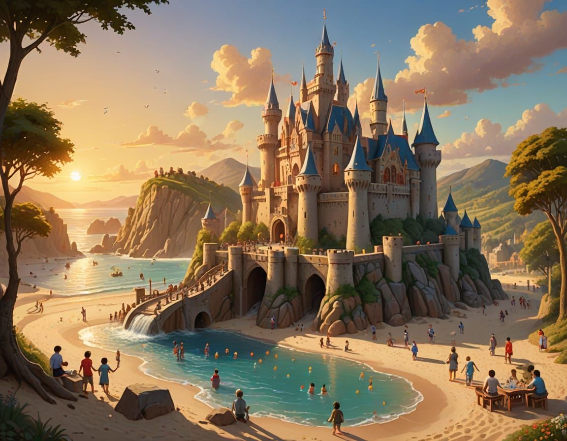 Magical Sandcastle Waterfall at Sunset: Digital Painting