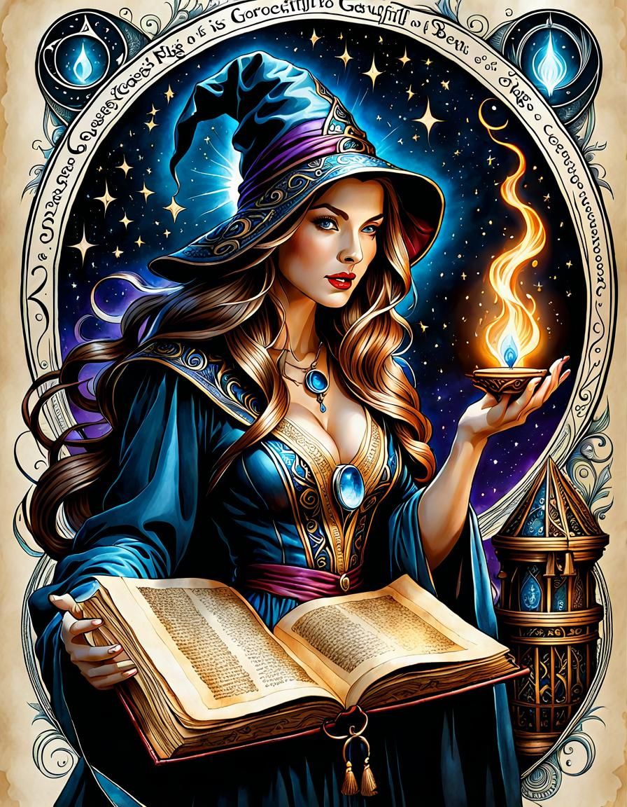 Sorceress Magically Climbs Out of Spellbook Illustration
